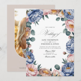 Invitación Boda floral en azul polvoriento, rubor y taupe cál