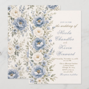 Invitación Boda floral en azul polvoriento y salvia