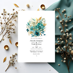 Invitación Boda floral en azul turquesa y dorado