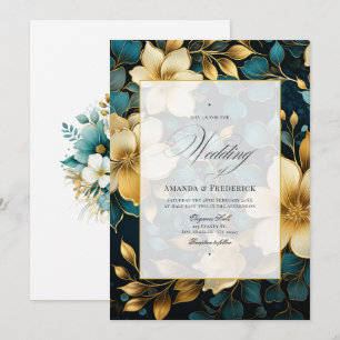 Invitación Boda floral en azul turquesa y dorado