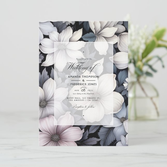 Invitación Boda floral en blanco y negro (Anverso de pie)