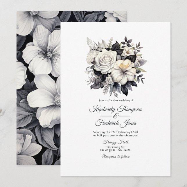Invitación Boda floral en blanco y negro (Anverso / Reverso)