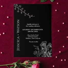 Invitación boda floral en blanco y negro de escritura minimal