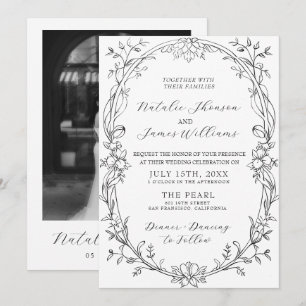 Invitación Boda Floral en Blanco y Negro Dinero Antiguo
