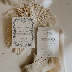 Invitación Boda Floral en Blanco y Negro Monograma Todo en Un