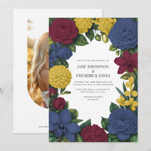 Invitación Boda floral en borgoña, azul marino y dorado