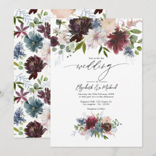 Invitación Boda floral en Borgoña, Rubor y Azul Polvo