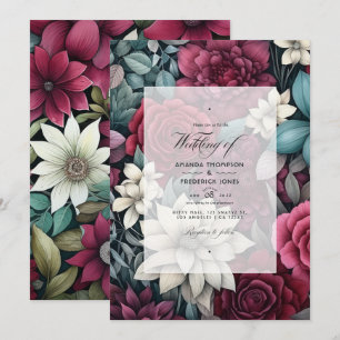 Invitación Boda floral en Borgoña, verde bosque y gris carbón