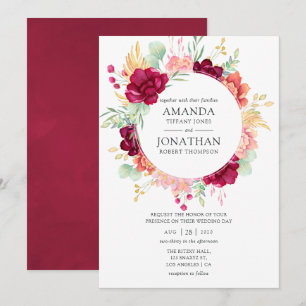 Invitación Boda floral en borgoña y marsala con toque rosado