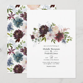 Invitación Boda floral en burgundy, azul marino y blush