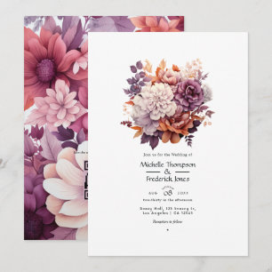 Invitación Boda floral en ciruela, gris, cobre y rosa polvori