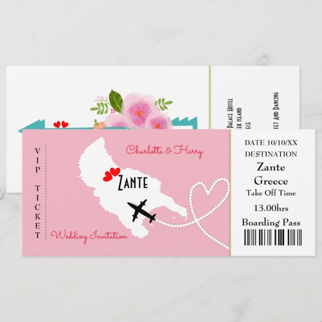 Invitación Boda floral en el extranjero Zante (Anverso / Reverso)