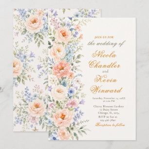Invitación Boda floral en melocotón y azul polvoriento
