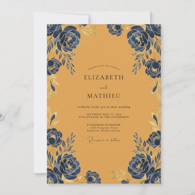 Invitación Boda floral en negrita y ocre (Anverso)