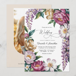 Invitación Boda floral en niebla malva, oro champán y blanco