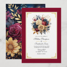 Boda floral en oro, azul marino y borgoña