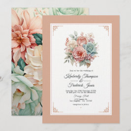 Invitación Boda floral en rosa polvoriento, verde menta y ros
