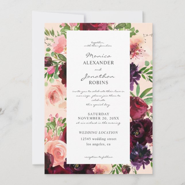 Invitación Boda floral en rosa y borgoña (Anverso)