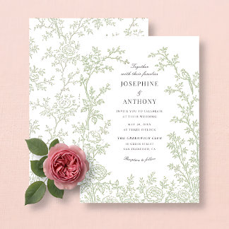Invitación Boda floral en verde salvia con estilo chinoiserie