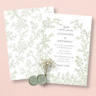 Invitación Boda floral en verde salvia con estilo chinoiserie