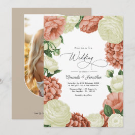 Invitación Boda floral en verde salvia, melocotón polvoriento