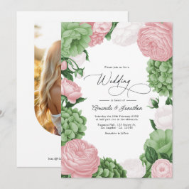 Invitación Boda floral en verde salvia, rosa y blanco