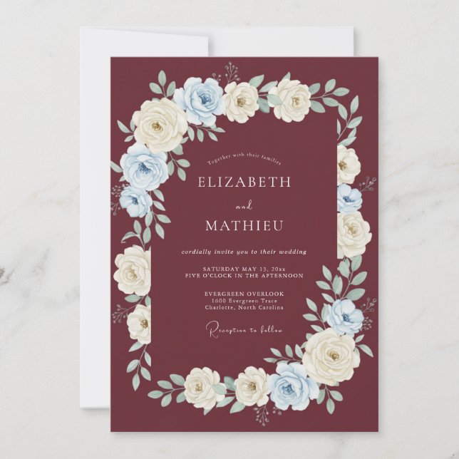 Invitación Boda Floral Encantada de Borgoña (Anverso)