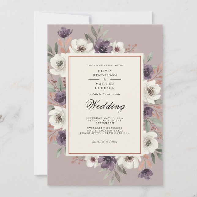 Invitación Boda Floral Encantada Malva (Anverso)