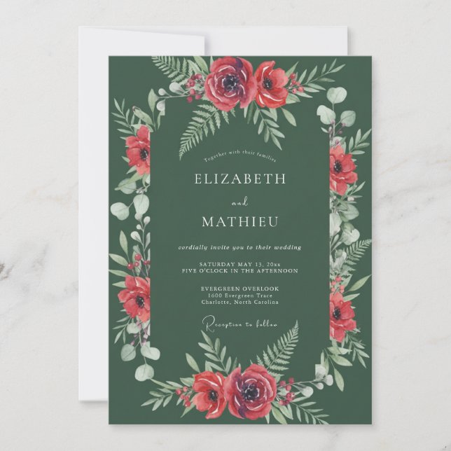 Invitación Boda Floral Encantada Verde Oscuro (Anverso)