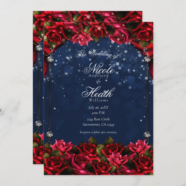 Invitación Boda floral encantado de oro azul de la Marina Ros (Anverso / Reverso)