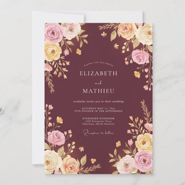 Invitación Boda Floral Encantadora de Borgoña (Anverso)