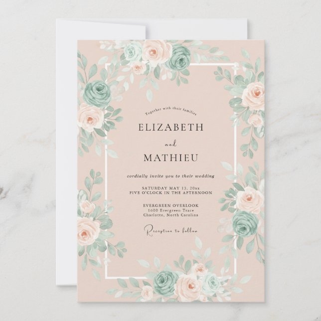 Invitación Boda Floral Encantadora Rosa Rubor (Anverso)