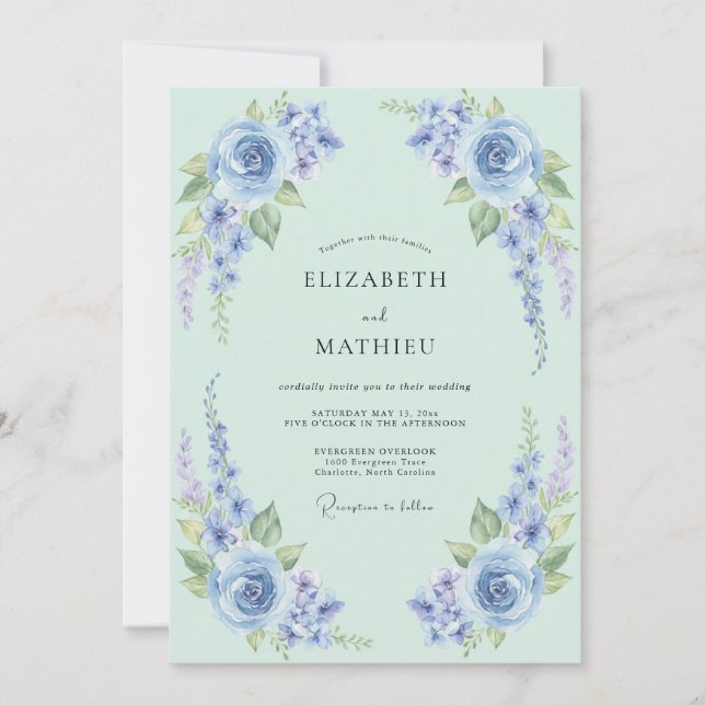 Invitación Boda Floral Encantadora Verde Menta (Anverso)