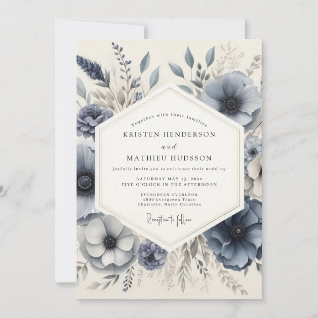 Invitación Boda floral escarchada azul pizarra (Anverso)