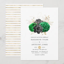 Invitación Boda floral esmeralda oscuro y dorado