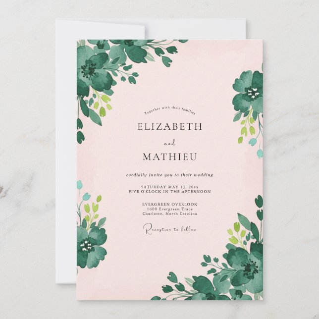 Invitación Boda Floral Esmeralda Rosa Suave (Anverso)