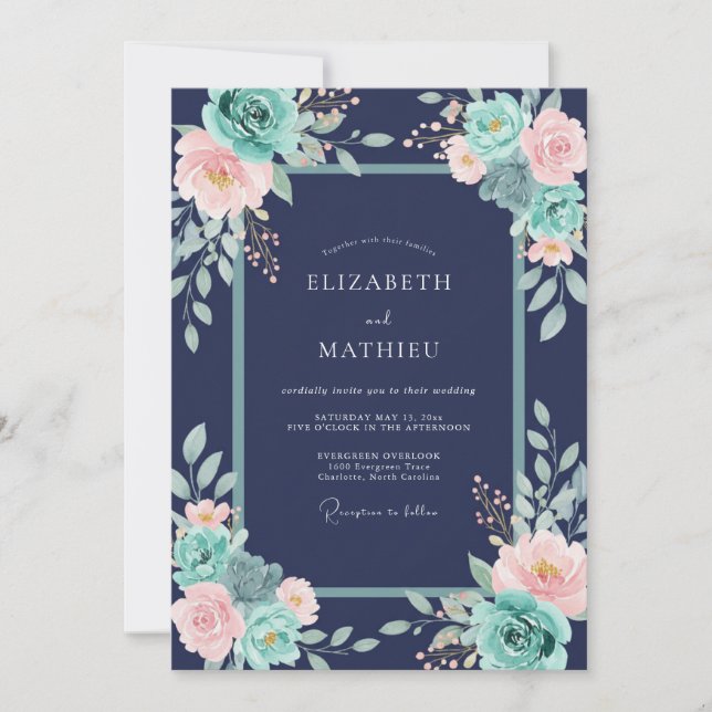 Invitación Boda floral espléndida azul marino (Anverso)