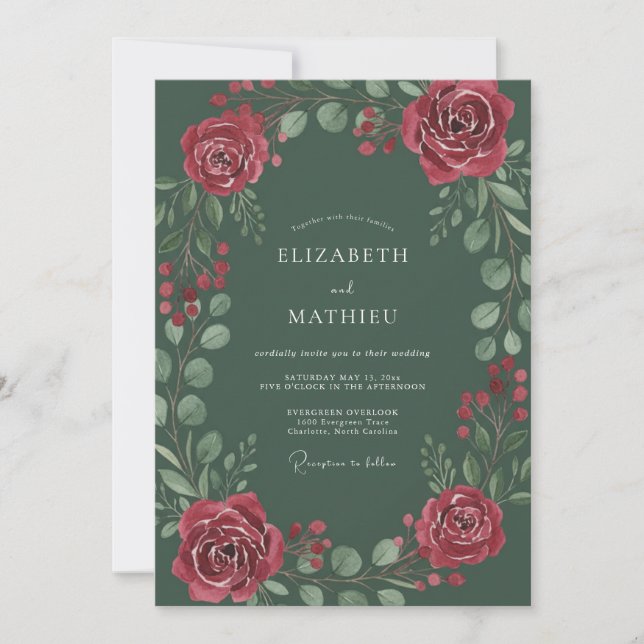 Invitación Boda floral espléndida en verde cazador (Anverso)