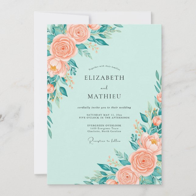 Invitación Boda floral espléndida en verde menta (Anverso)