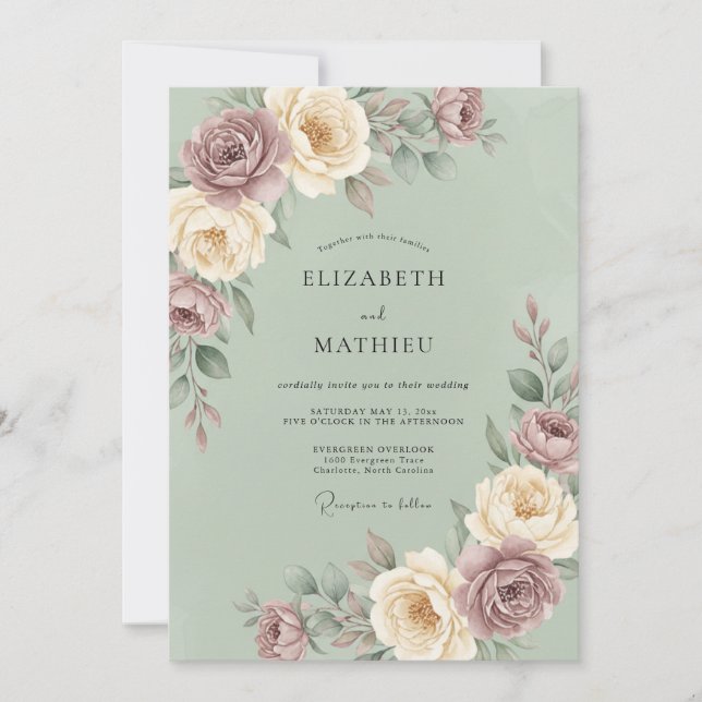 Invitación Boda floral espléndida en verde salvia (Anverso)