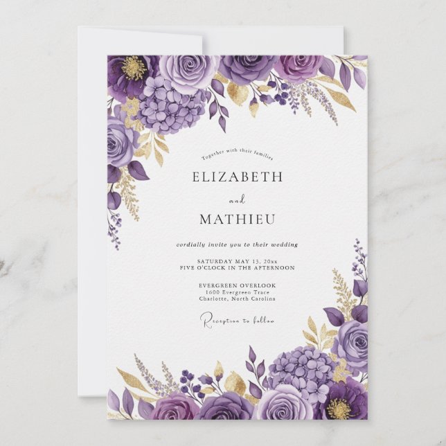 Invitación Boda floral espléndida púrpura (Anverso)