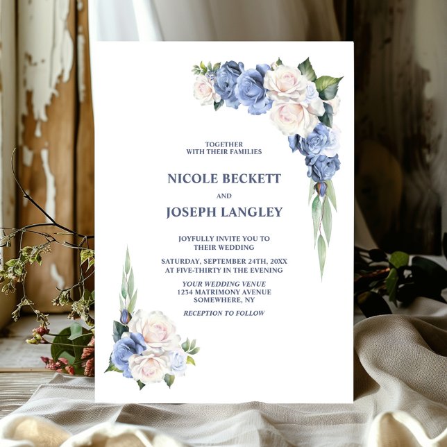 Invitación Boda floral estiloso de rosa blanca azul (Subido por el creador)