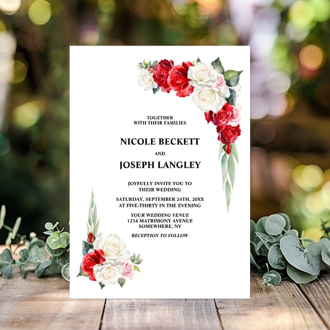 Invitación Boda floral estiloso de rosa blanca roja (Subido por el creador)