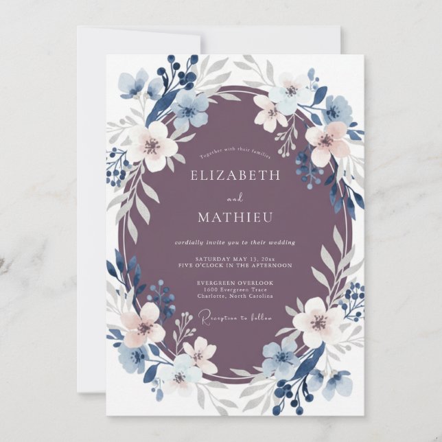 Invitación Boda floral etérea azul malva (Anverso)