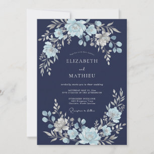 Invitación Boda floral etérea azul marino