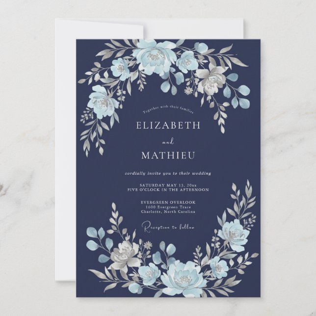 Invitación Boda floral etérea azul marino (Anverso)