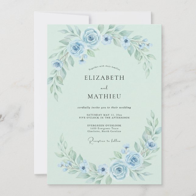 Invitación Boda floral etérea azul menta (Anverso)