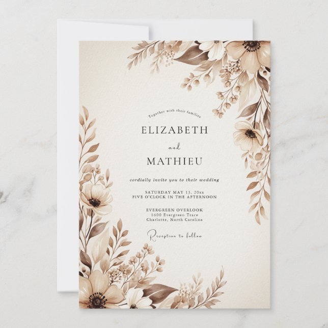 Invitación Boda floral etérea beige (Anverso)
