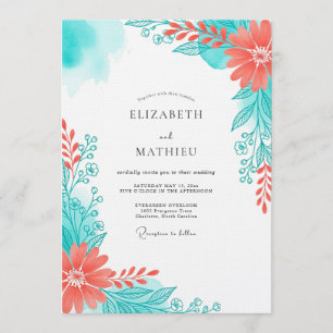 Invitación Boda Floral Etérea Coral Teal
