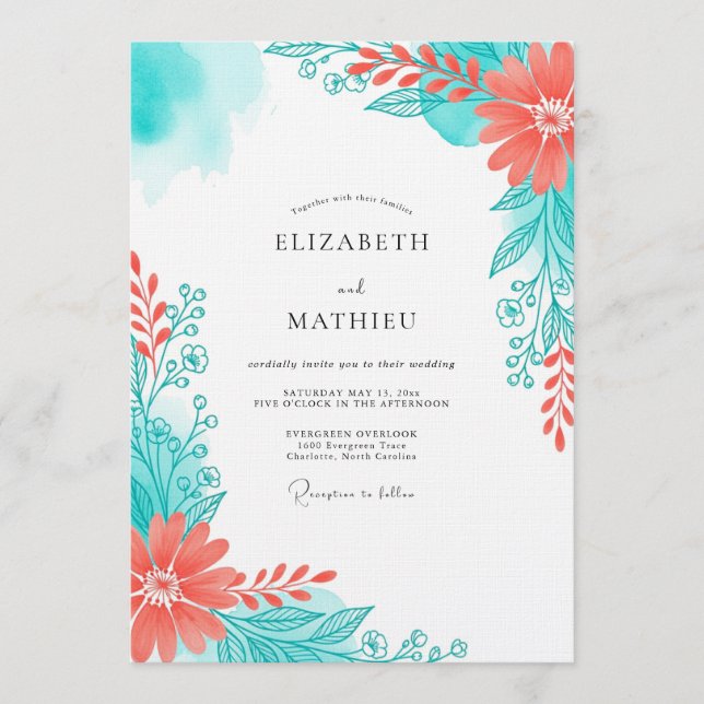 Invitación Boda Floral Etérea Coral Teal (Anverso)